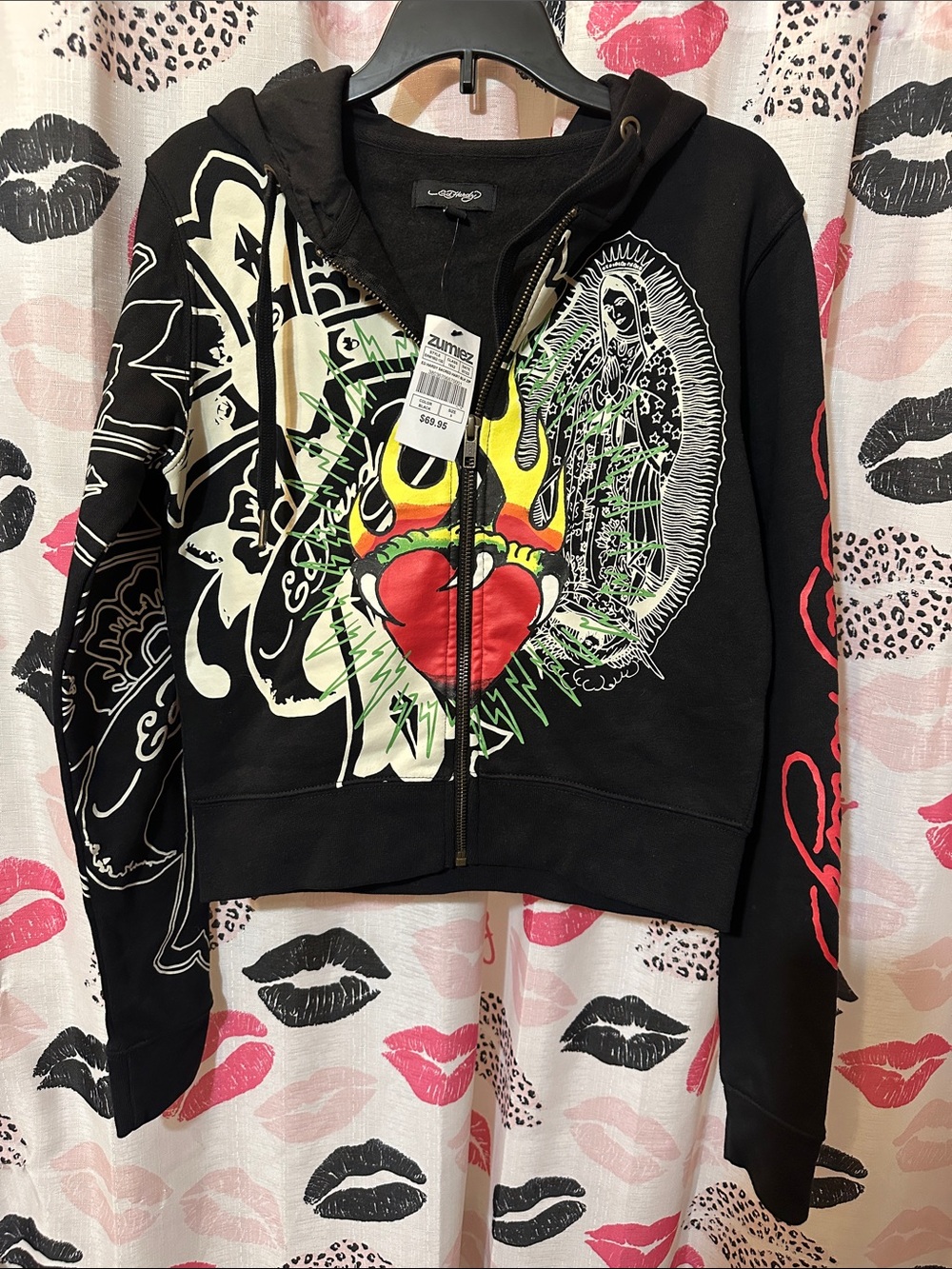 Ed Hardy Black Zip Hoodie with Red Flaming Heart and Yellow Flames